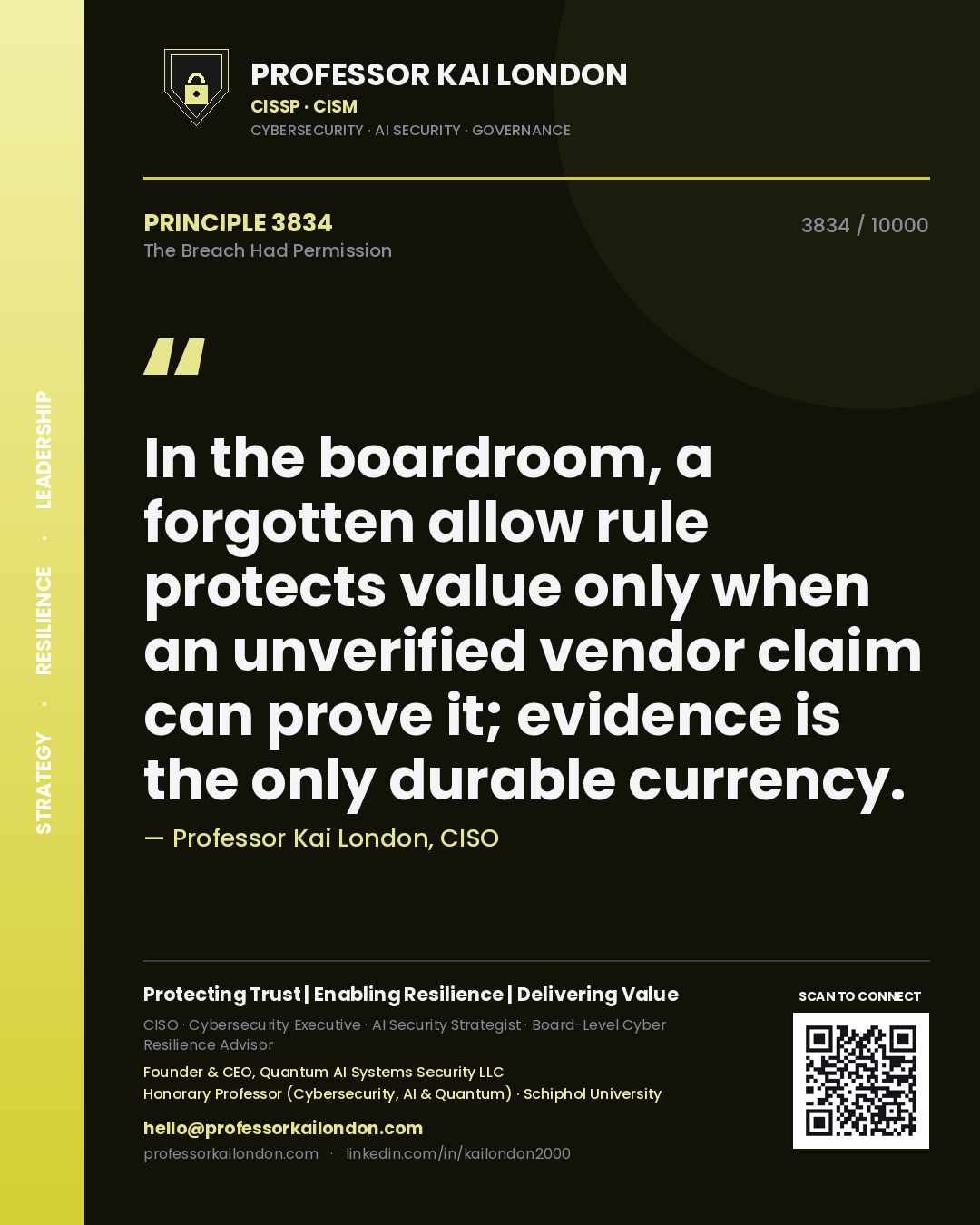 Quote card by Professor Kai London reading 'In the boardroom, a forgotten allow rule protects value only when an unverified vendor claim can prove it; evidence is the only durable currency.'. From the book The Breach Had Permission.