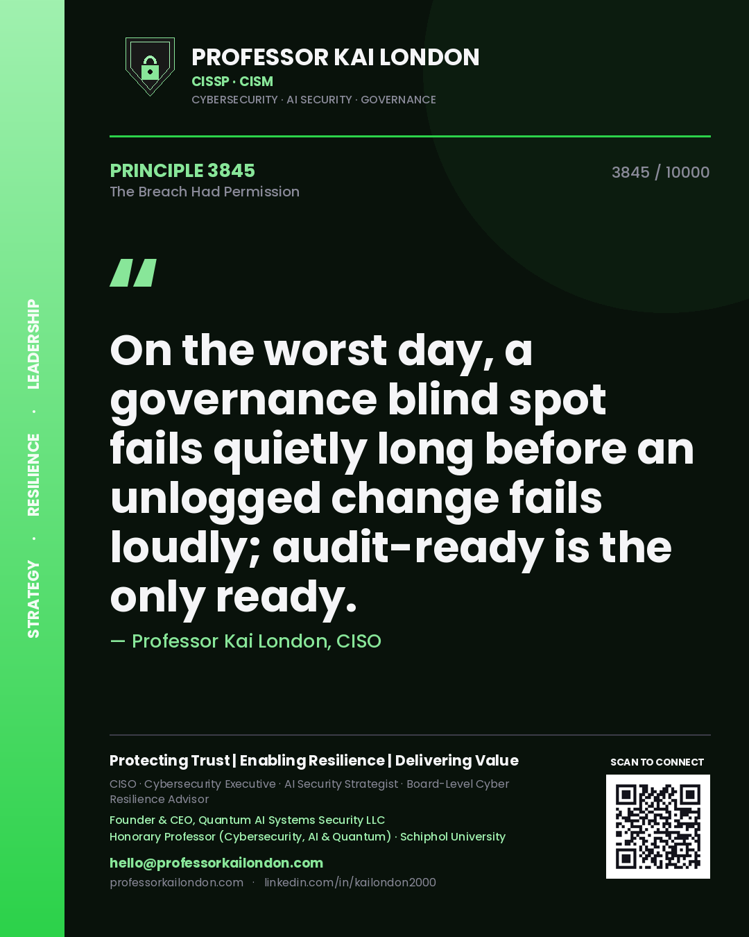 Professor Kai London principle 3845: On the worst day, a governance blind spot fails quietly long before an unlogged change fails loudly; audit-ready is the only ready.