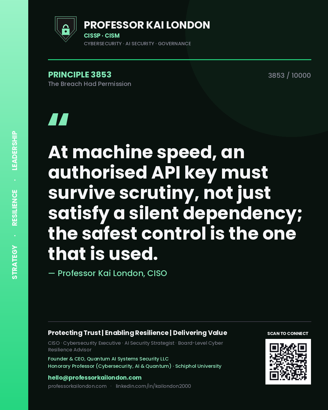Quote card by Professor Kai London reading 'At machine speed, an authorised API key must survive scrutiny, not just satisfy a silent dependency; the safest control is the one that is used.'. From the book The Breach Had Permission.