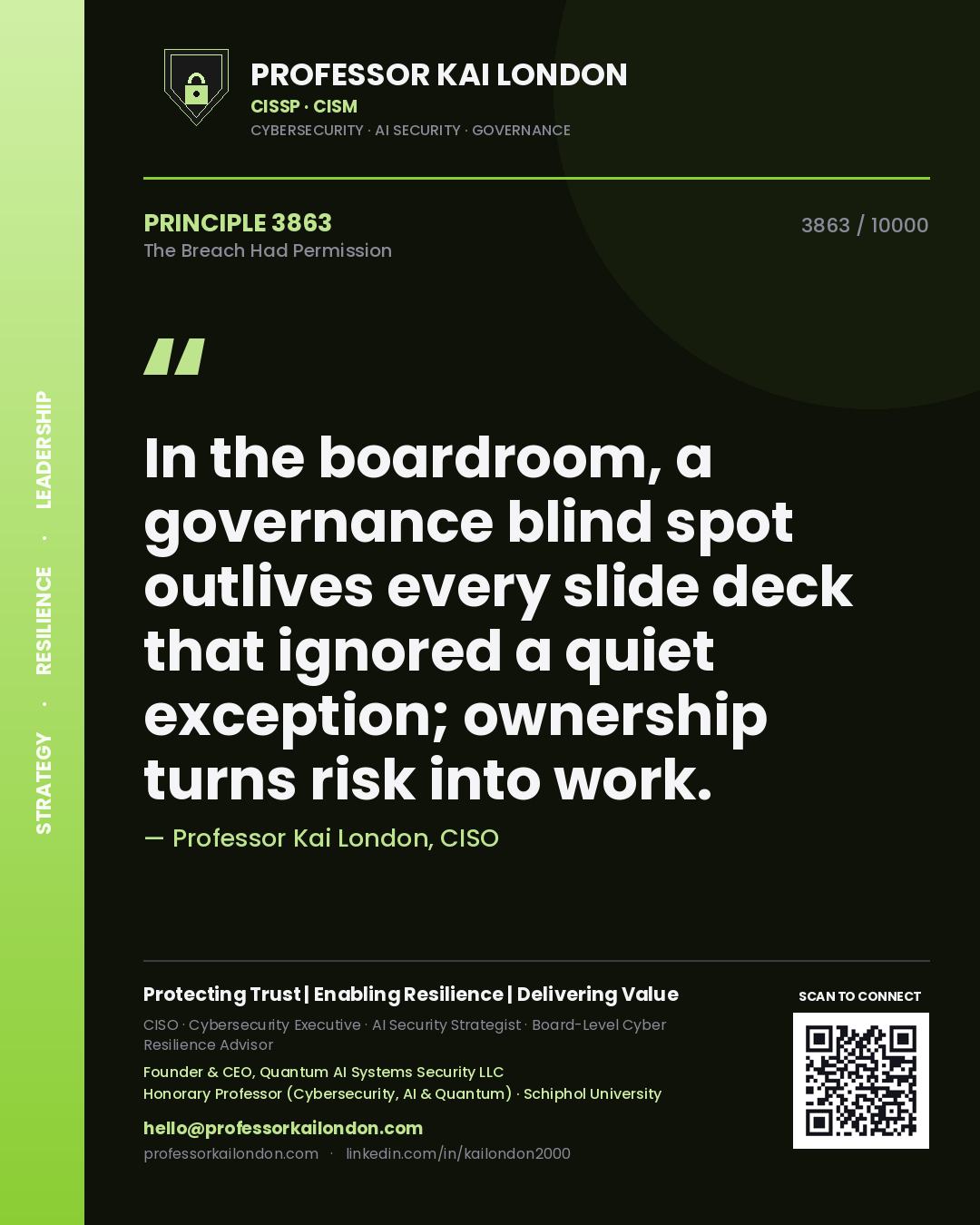 Professor Kai London principle 3863: In the boardroom, a governance blind spot outlives every slide deck that ignored a quiet exception; ownership turns risk into work.