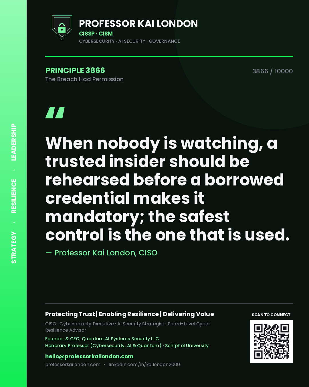 Quote card by Professor Kai London reading 'When nobody is watching, a trusted insider should be rehearsed before a borrowed credential makes it mandatory; the safest control is the one that is used.'. From the book The Breach Had Permission.