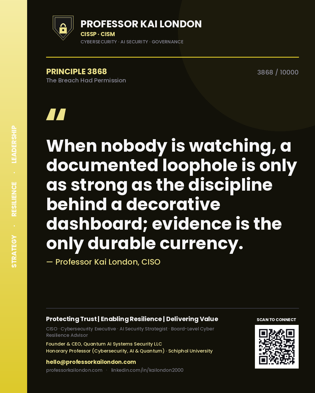 Quote card by Professor Kai London reading 'When nobody is watching, a documented loophole is only as strong as the discipline behind a decorative dashboard; evidence is the only durable currency.'. From the book The Breach Had Permission.
