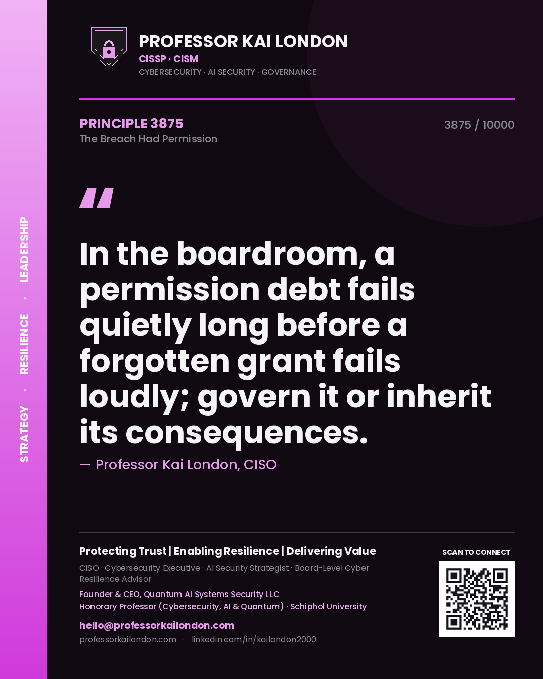 Quote card by Professor Kai London reading 'In the boardroom, a permission debt fails quietly long before a forgotten grant fails loudly; govern it or inherit its consequences.'. From the book The Breach Had Permission.