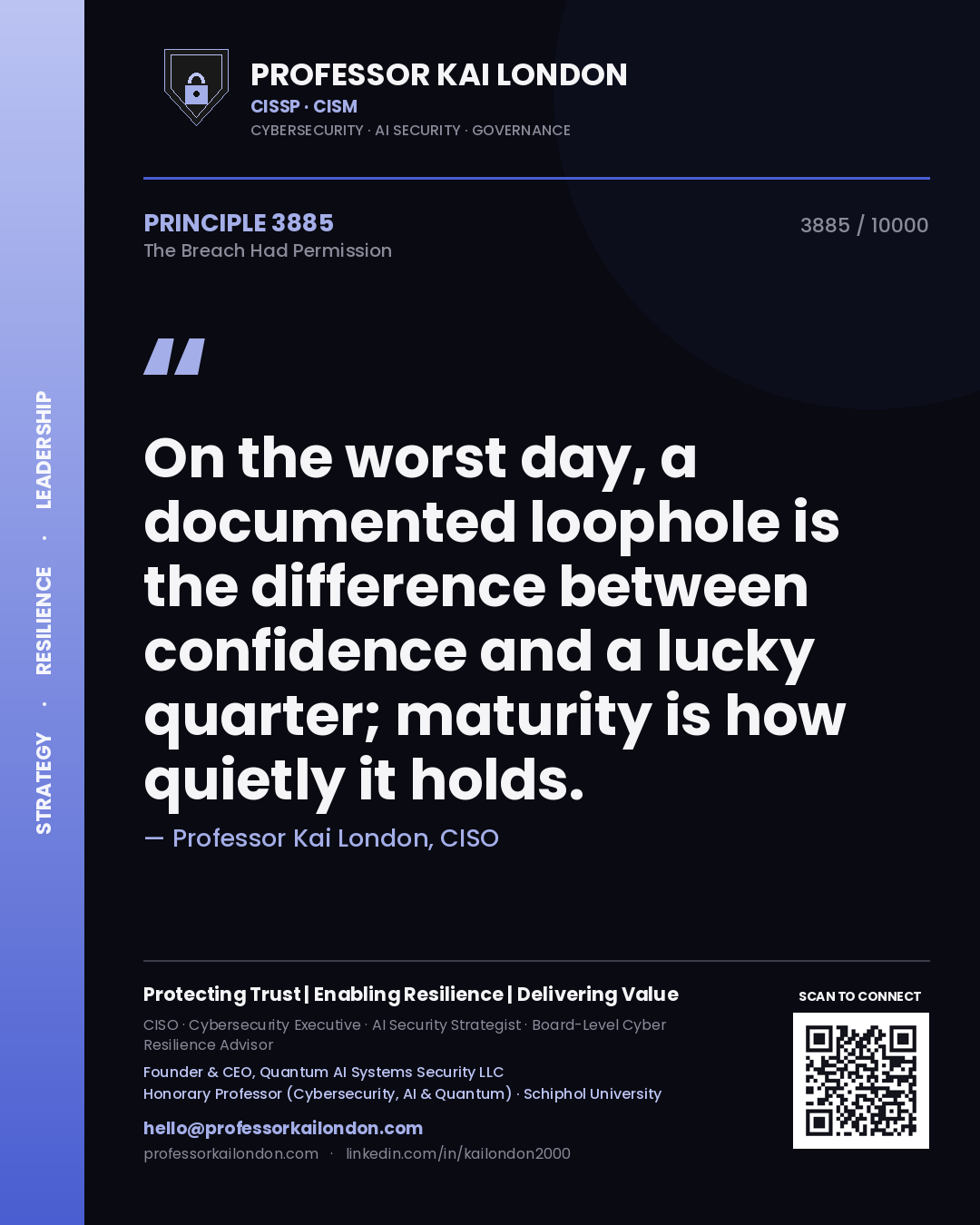 Professor Kai London principle 3885: On the worst day, a documented loophole is the difference between confidence and a lucky quarter; maturity is how quietly it holds.