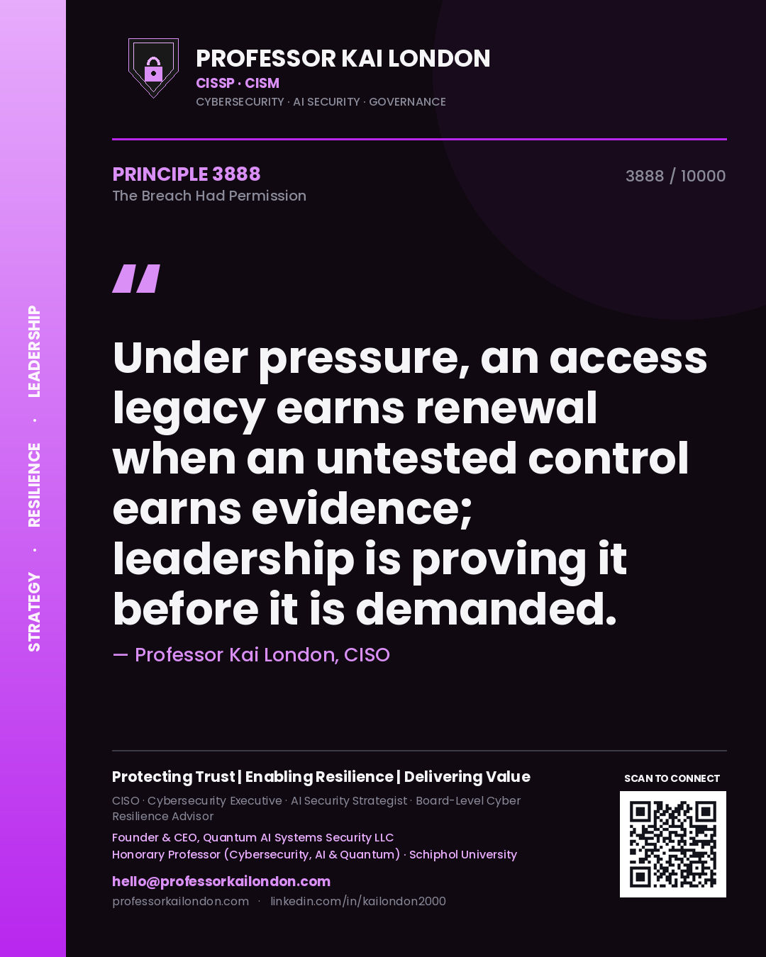Professor Kai London principle 3888: Under pressure, an access legacy earns renewal when an untested control earns evidence; leadership is proving it before it is demanded.