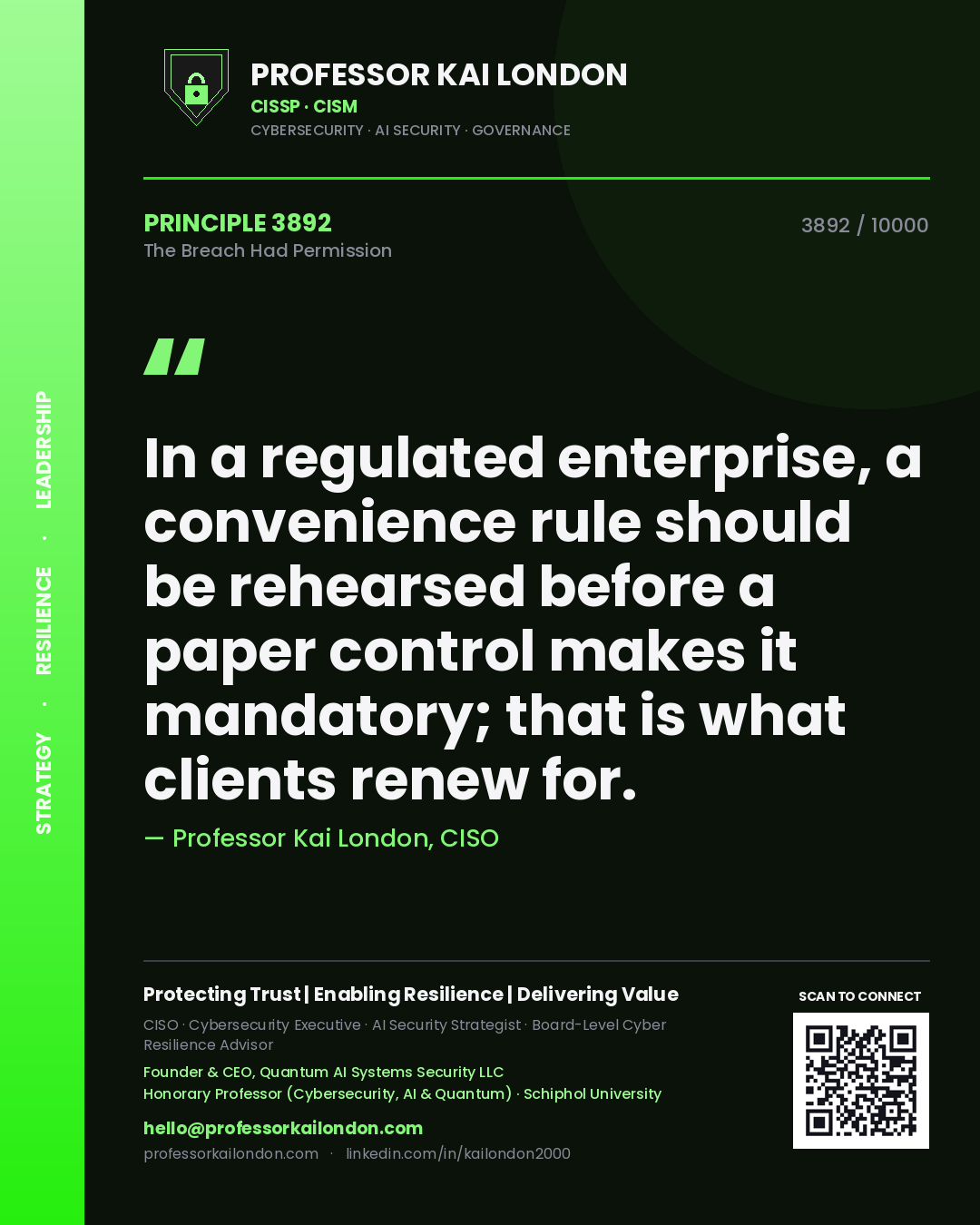 Quote card by Professor Kai London reading 'In a regulated enterprise, a convenience rule should be rehearsed before a paper control makes it mandatory; that is what clients renew for.'. From the book The Breach Had Permission.