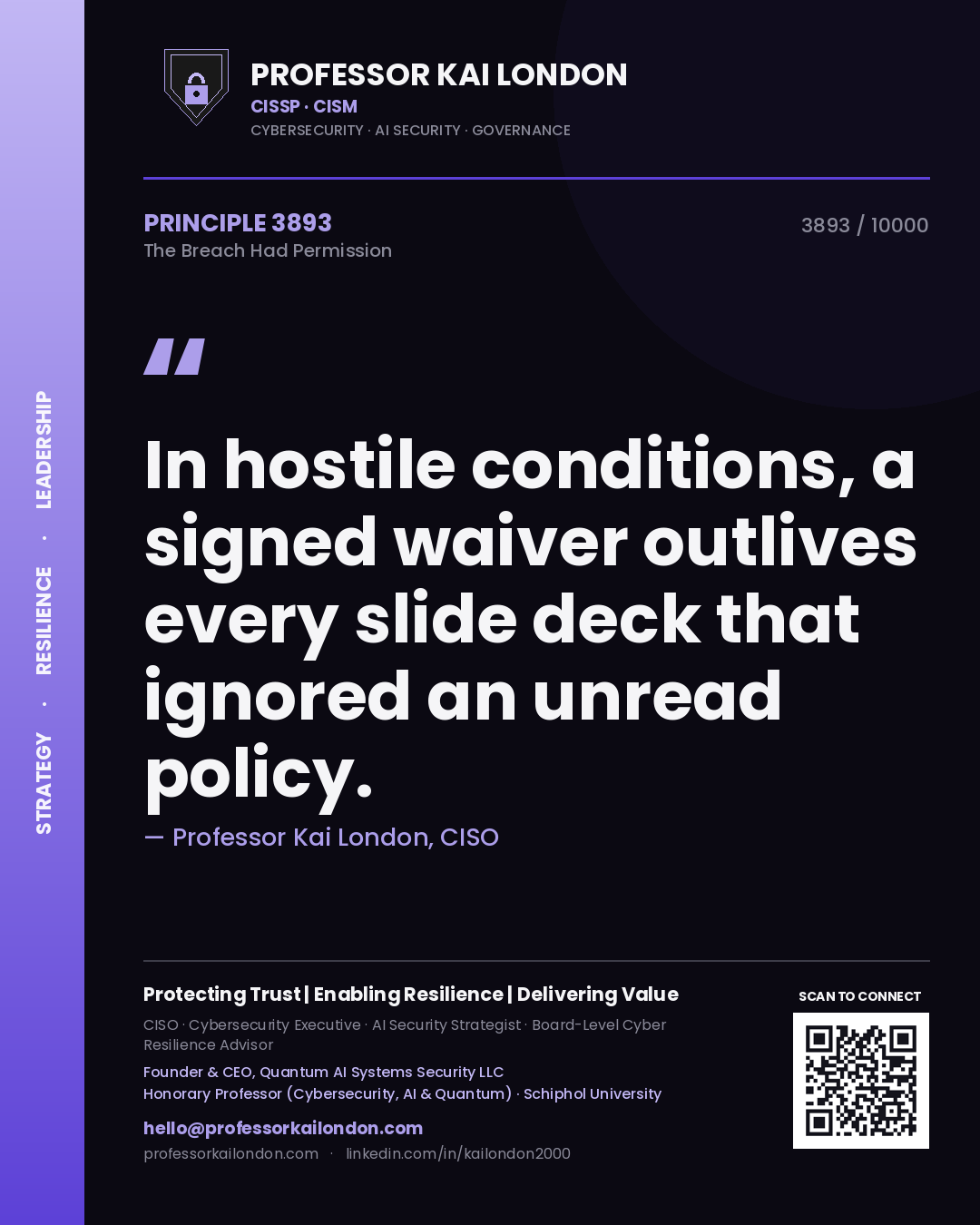 Quote card by Professor Kai London reading 'In hostile conditions, a signed waiver outlives every slide deck that ignored an unread policy.'. From the book The Breach Had Permission.