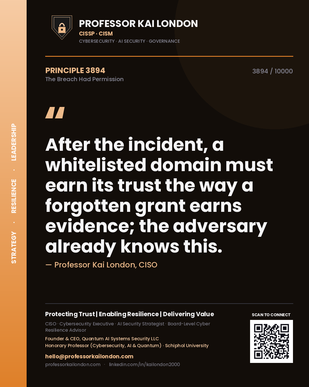 Professor Kai London principle 3894: After the incident, a whitelisted domain must earn its trust the way a forgotten grant earns evidence; the adversary already knows this.