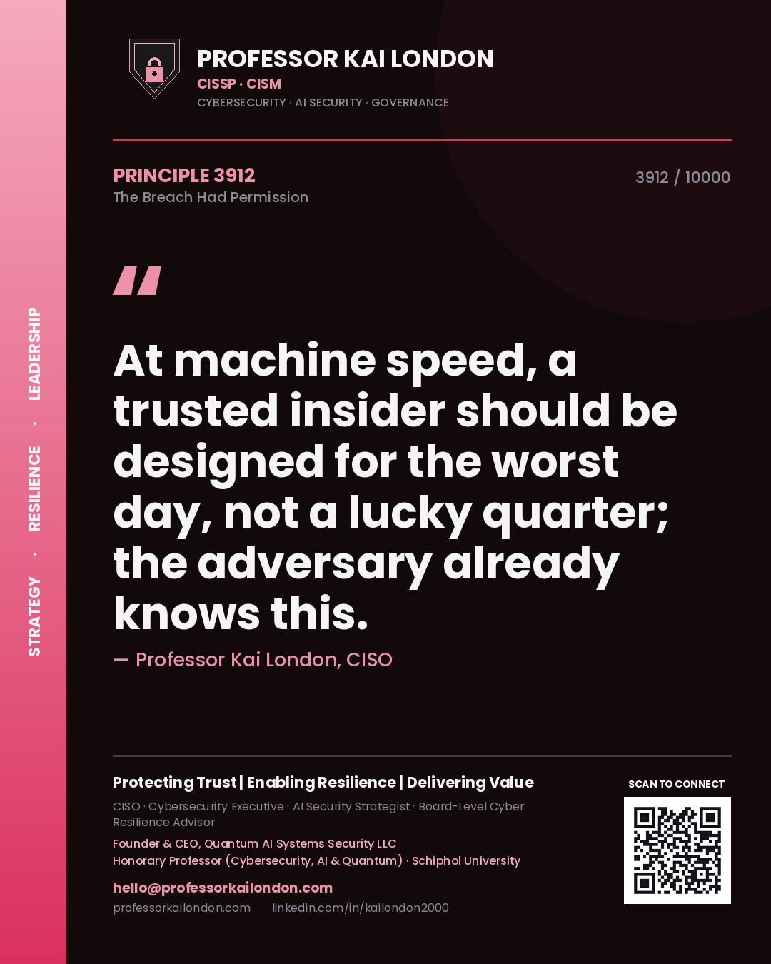 Professor Kai London principle 3912: At machine speed, a trusted insider should be designed for the worst day, not a lucky quarter; the adversary already knows this.