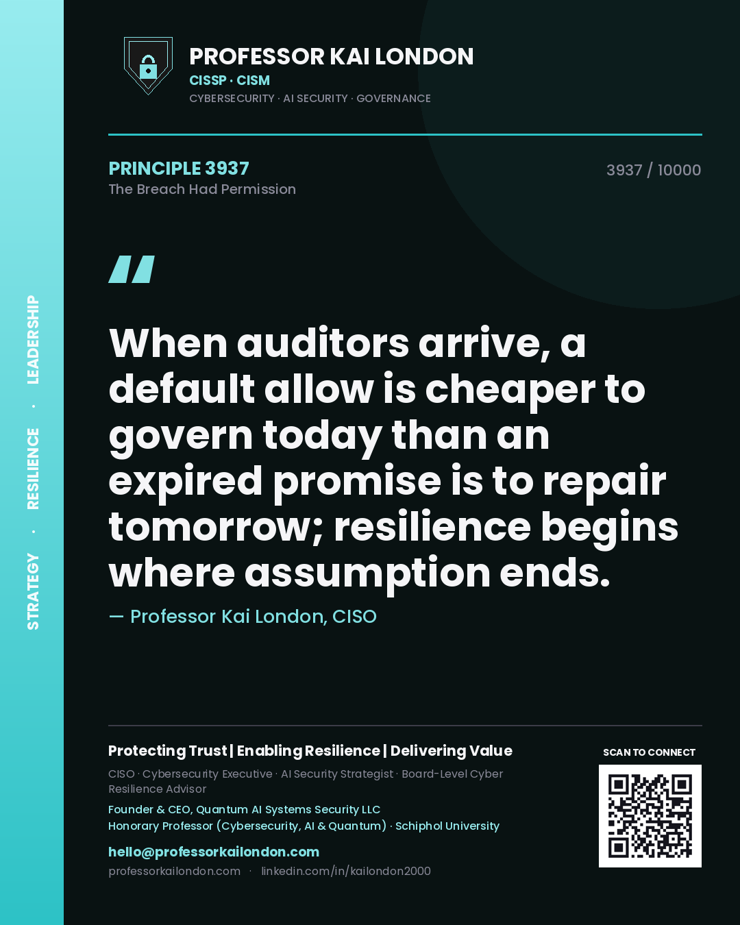 Professor Kai London principle 3937: When auditors arrive, a default allow is cheaper to govern today than an expired promise is to repair tomorrow; resilience begins where assumption ends.