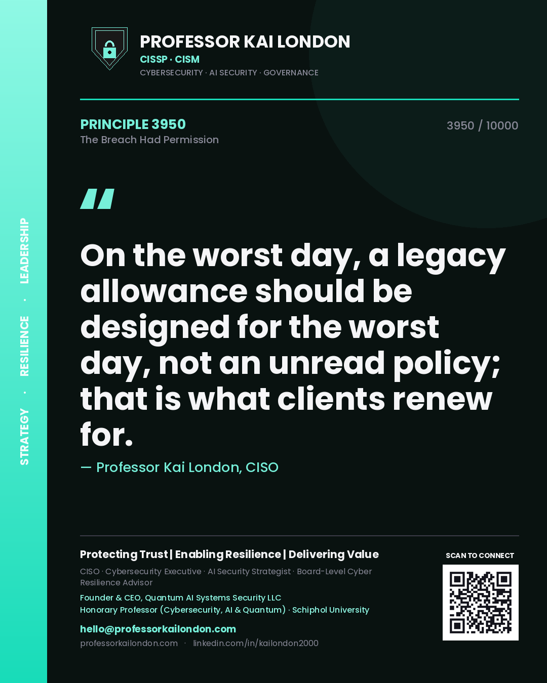 Professor Kai London principle 3950: On the worst day, a legacy allowance should be designed for the worst day, not an unread policy; that is what clients renew for.