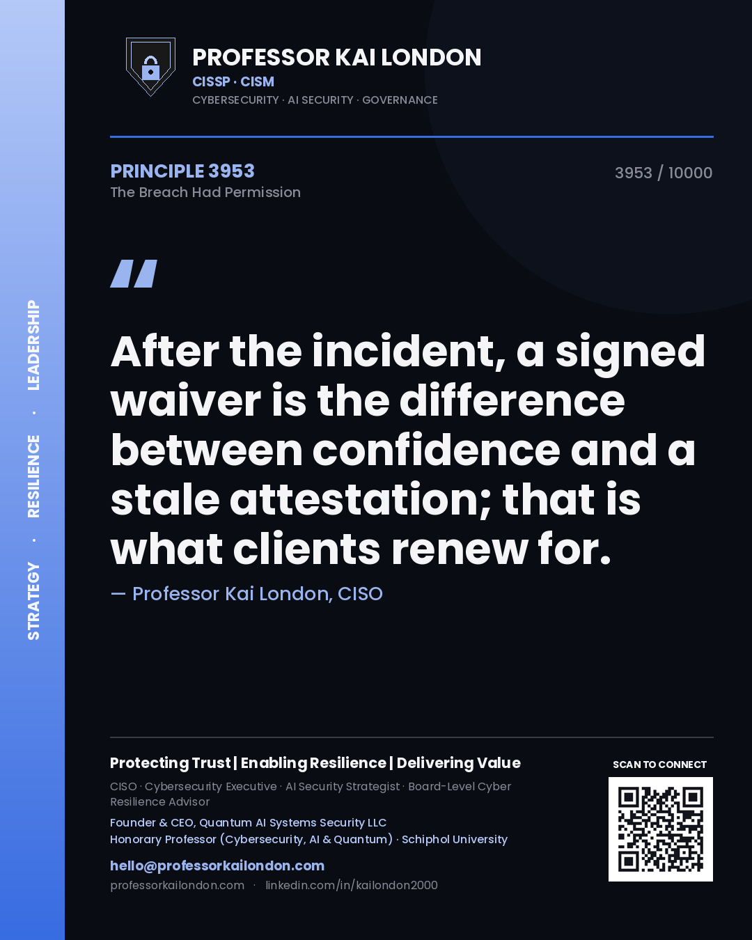 Professor Kai London principle 3953: After the incident, a signed waiver is the difference between confidence and a stale attestation; that is what clients renew for.