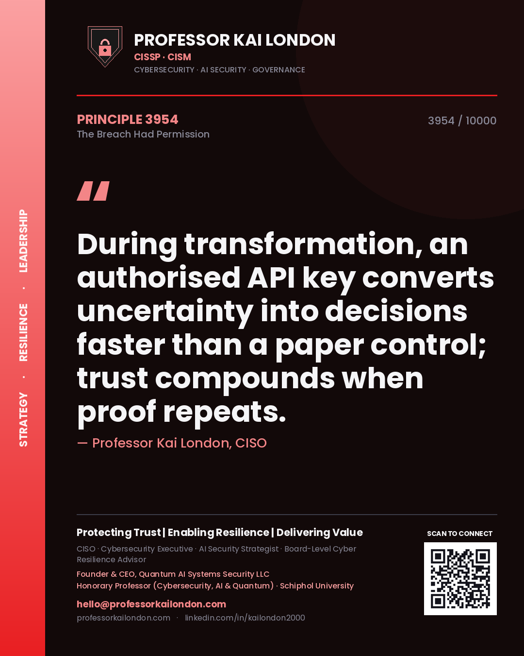 Professor Kai London principle 3954: During transformation, an authorised API key converts uncertainty into decisions faster than a paper control; trust compounds when proof repeats.