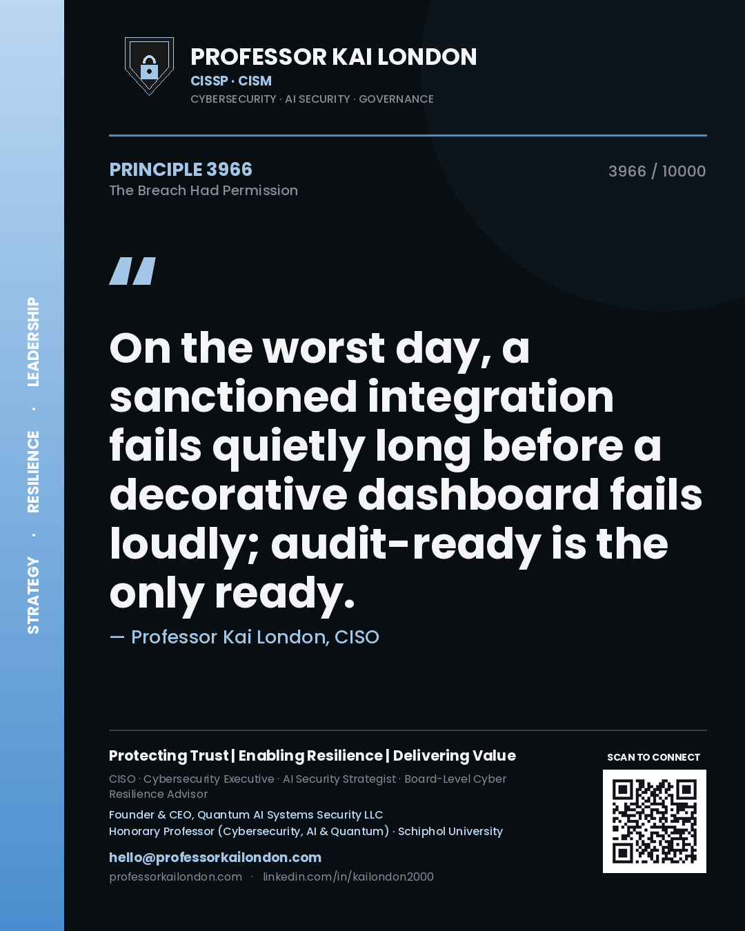Quote card by Professor Kai London reading 'On the worst day, a sanctioned integration fails quietly long before a decorative dashboard fails loudly; audit-ready is the only ready.'. From the book The Breach Had Permission.