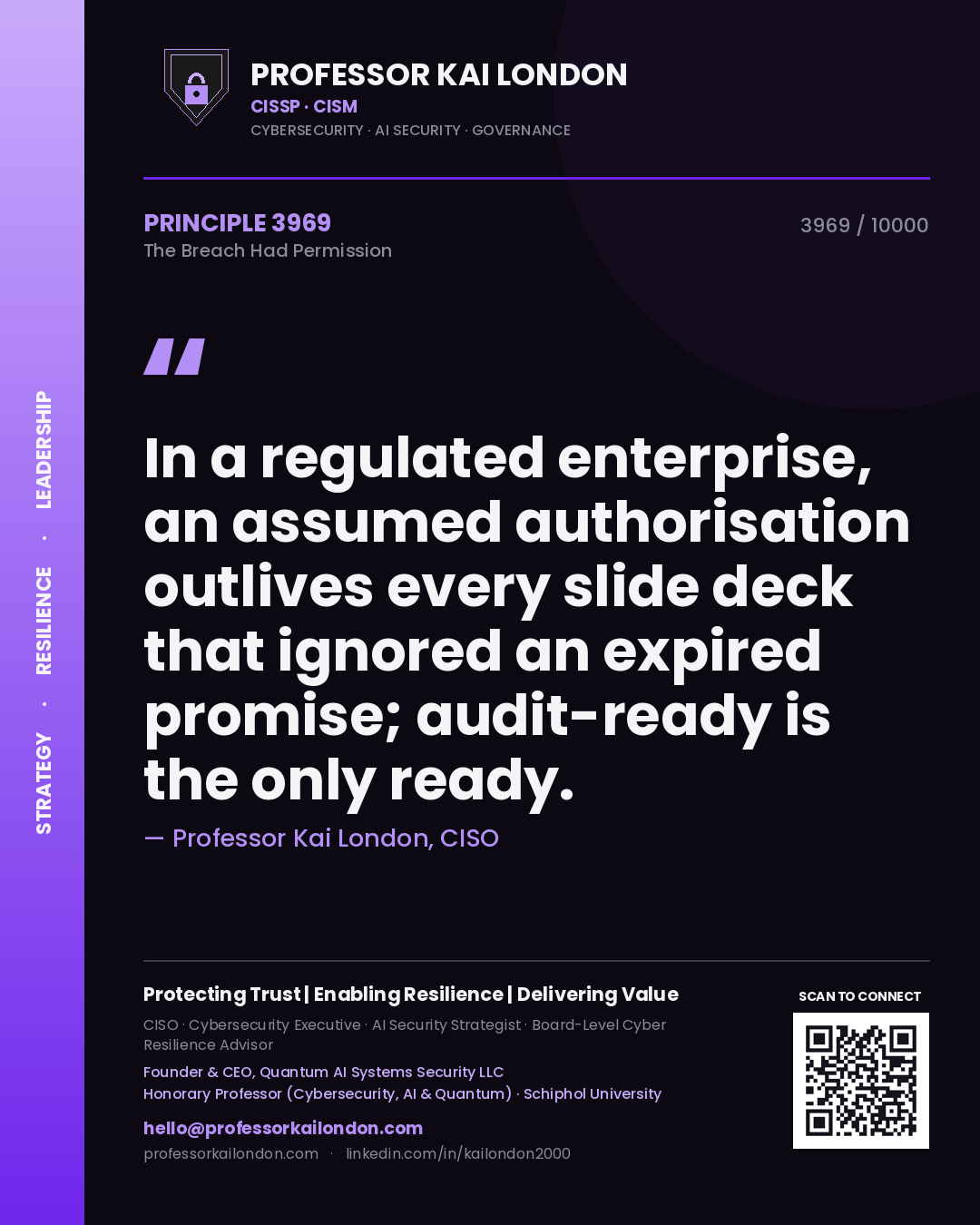 Professor Kai London principle 3969: In a regulated enterprise, an assumed authorisation outlives every slide deck that ignored an expired promise; audit-ready is the only ready.