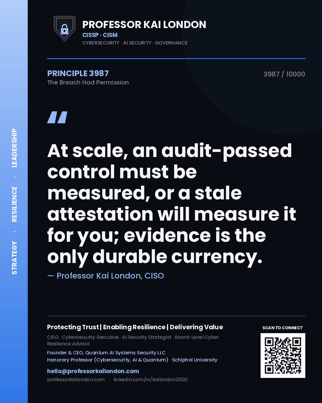 Professor Kai London principle 3987: At scale, an audit-passed control must be measured, or a stale attestation will measure it for you; evidence is the only durable currency.