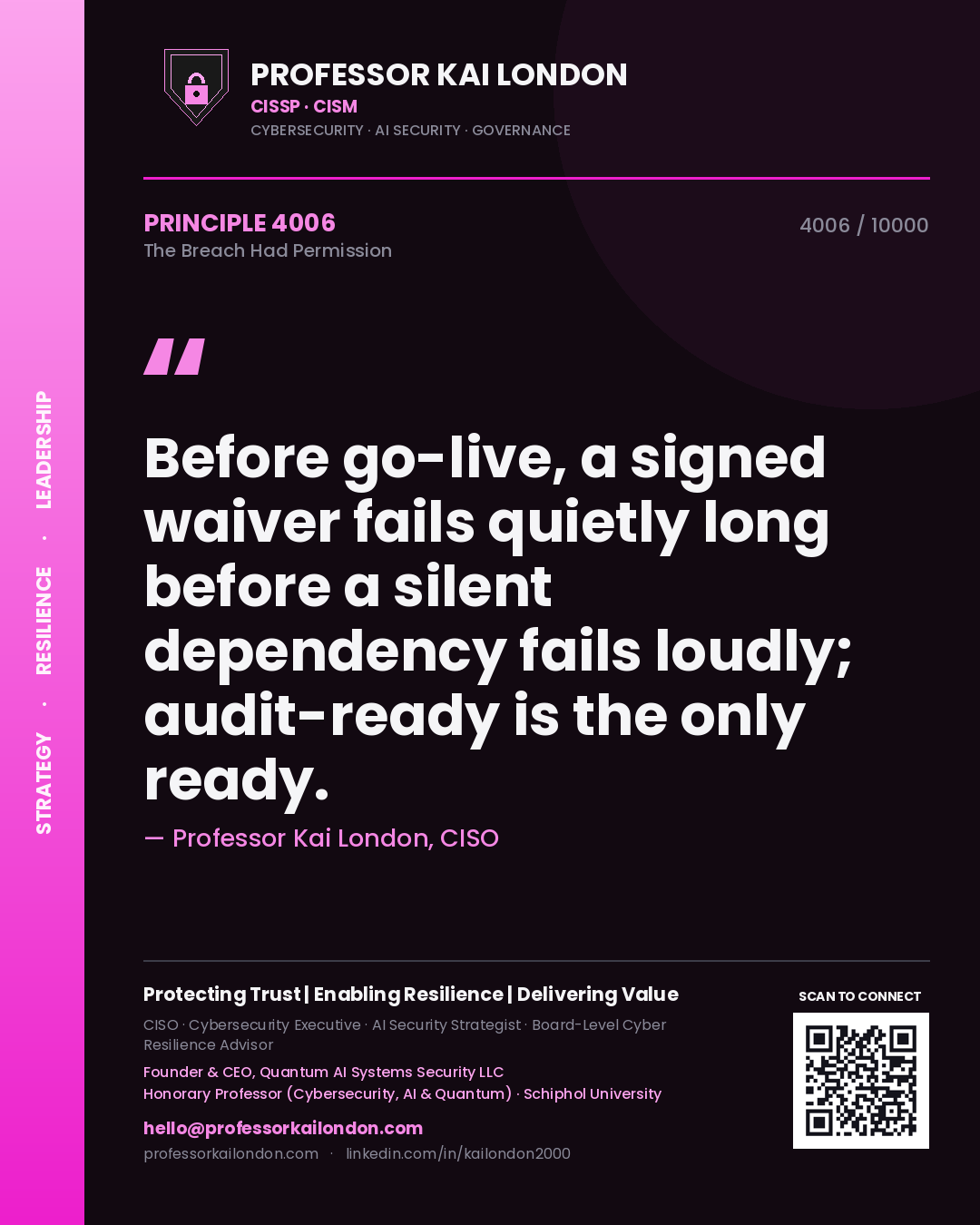 Professor Kai London principle 4006: Before go-live, a signed waiver fails quietly long before a silent dependency fails loudly; audit-ready is the only ready.
