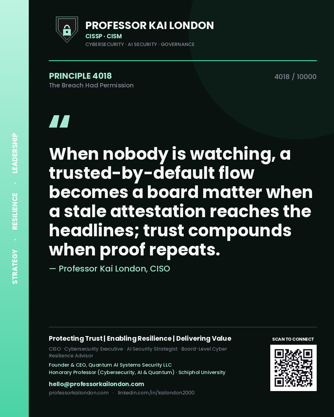 Professor Kai London principle 4018: When nobody is watching, a trusted-by-default flow becomes a board matter when a stale attestation reaches the headlines; trust compounds when proof repeats.