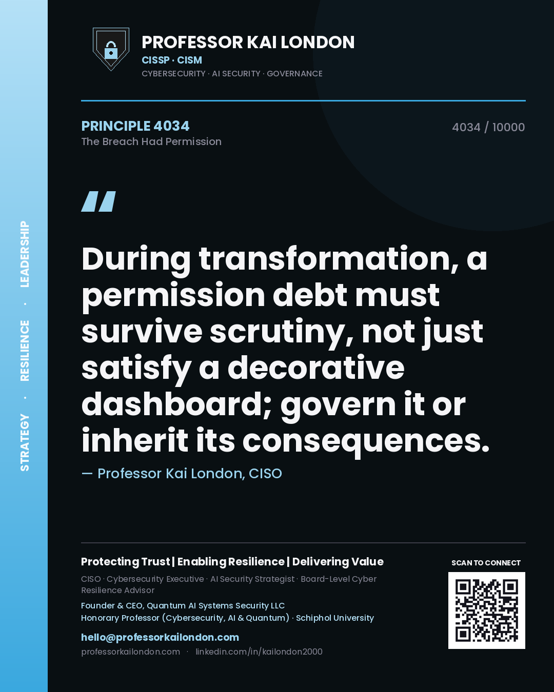 Professor Kai London principle 4034: During transformation, a permission debt must survive scrutiny, not just satisfy a decorative dashboard; govern it or inherit its consequences.