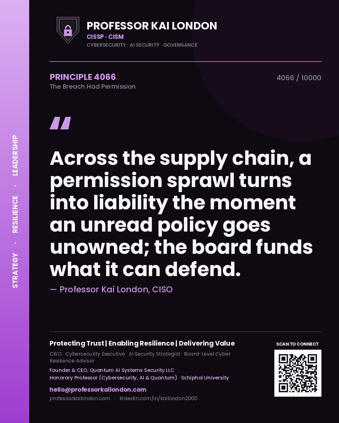 Professor Kai London principle 4066: Across the supply chain, a permission sprawl turns into liability the moment an unread policy goes unowned; the board funds what it can defend.