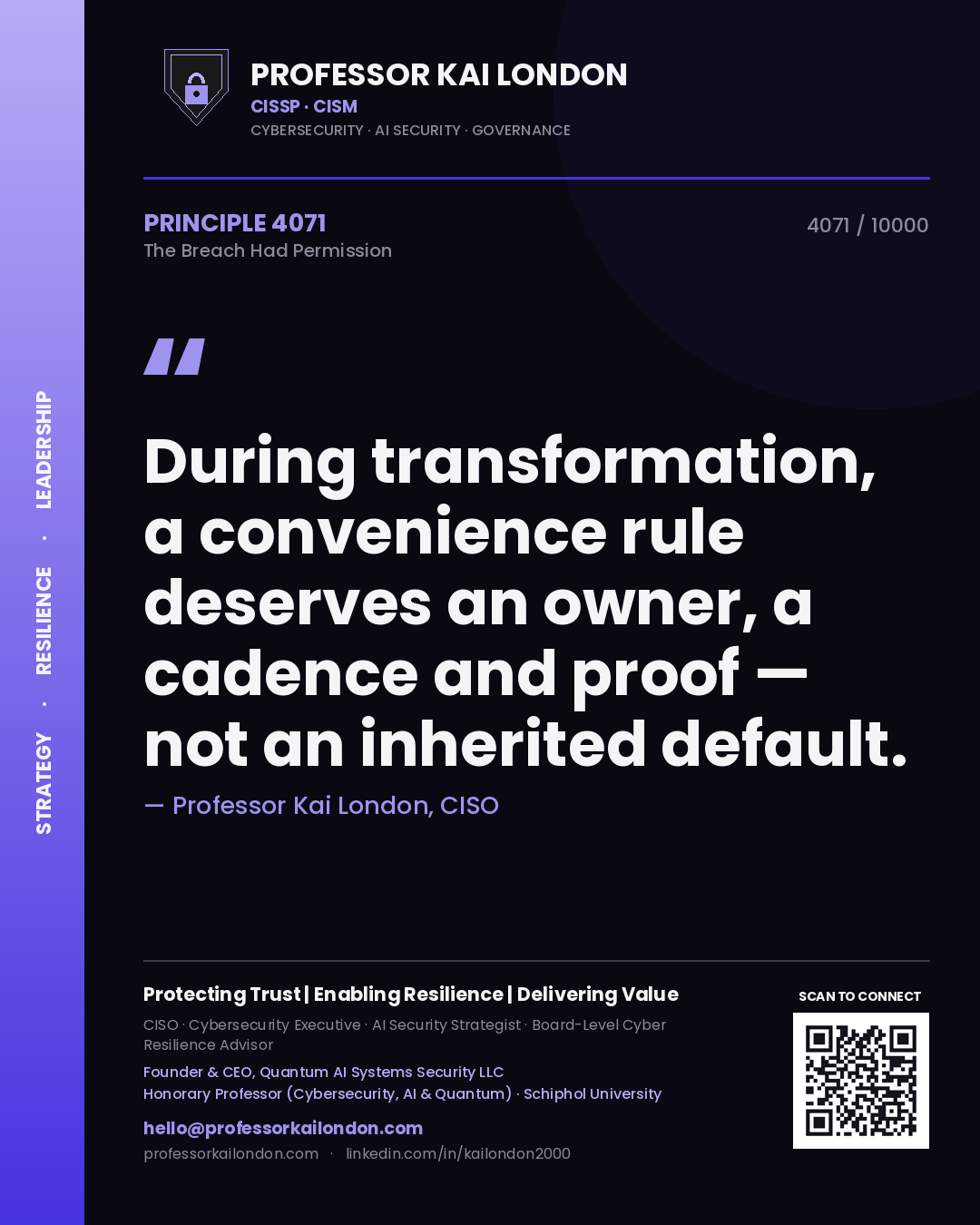 Professor Kai London principle 4071: During transformation, a convenience rule deserves an owner, a cadence and proof — not an inherited default.