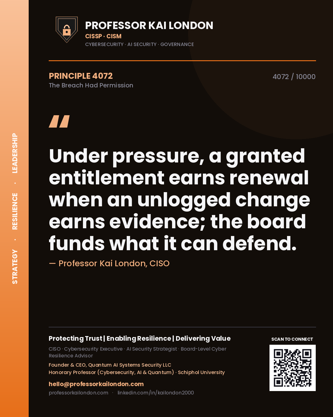 Professor Kai London principle 4072: Under pressure, a granted entitlement earns renewal when an unlogged change earns evidence; the board funds what it can defend.