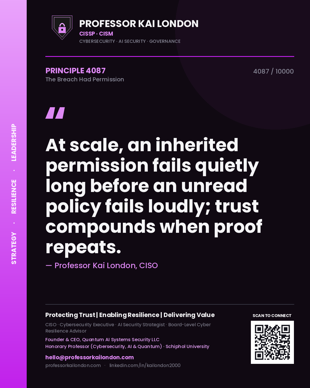 Professor Kai London principle 4087: At scale, an inherited permission fails quietly long before an unread policy fails loudly; trust compounds when proof repeats.