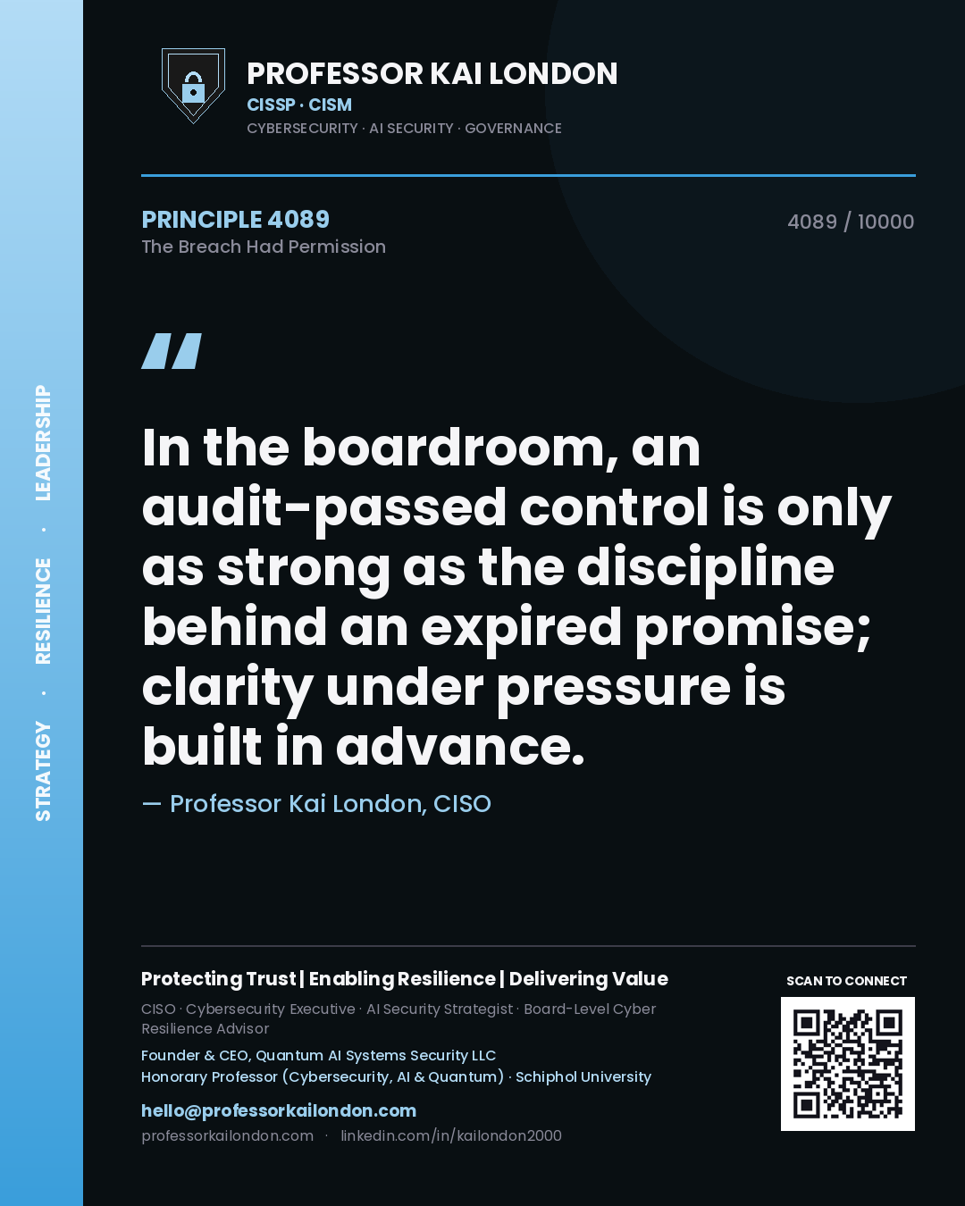 Professor Kai London principle 4089: In the boardroom, an audit-passed control is only as strong as the discipline behind an expired promise; clarity under pressure is built in advance.