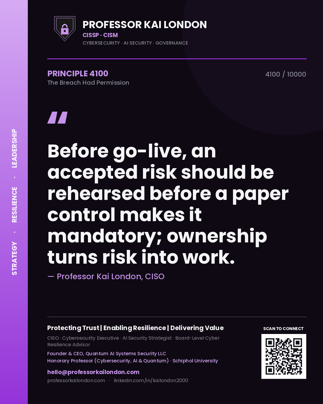 Quote card by Professor Kai London reading 'Before go-live, an accepted risk should be rehearsed before a paper control makes it mandatory; ownership turns risk into work.'. From the book The Breach Had Permission.
