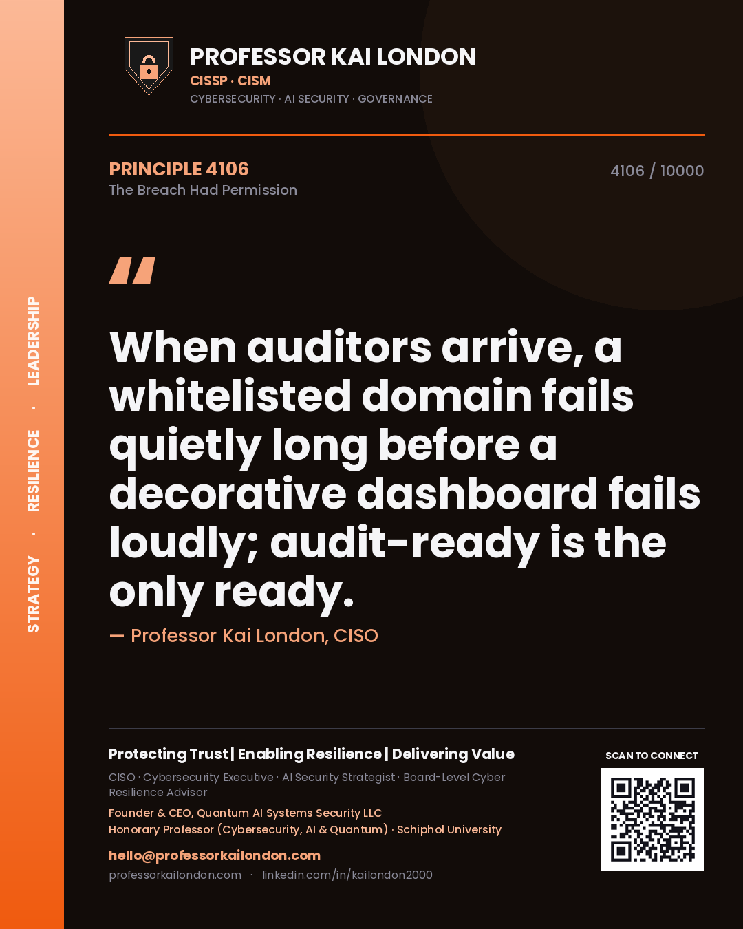 Quote card by Professor Kai London reading 'When auditors arrive, a whitelisted domain fails quietly long before a decorative dashboard fails loudly; audit-ready is the only ready.'. From the book The Breach Had Permission.