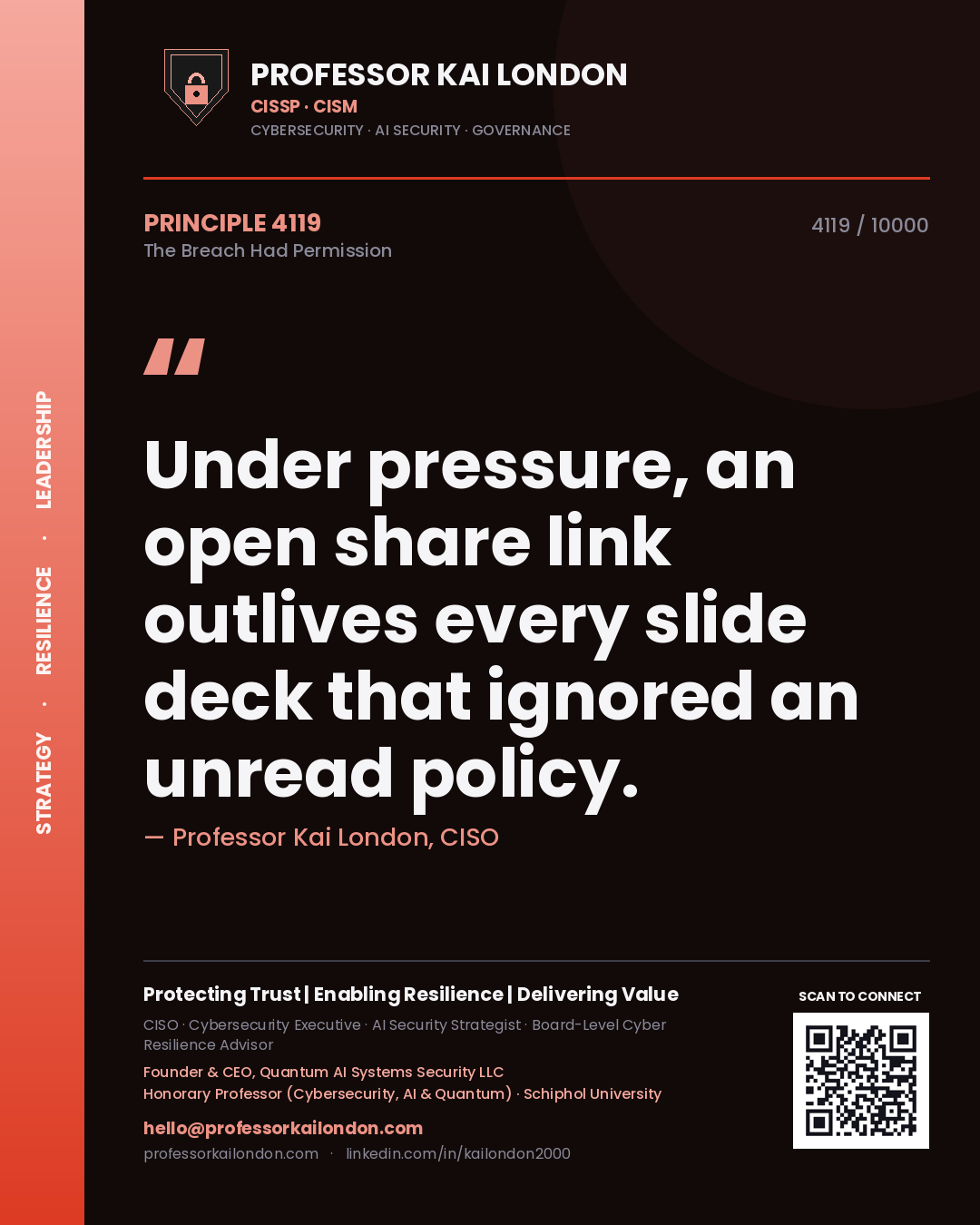 Quote card by Professor Kai London reading 'Under pressure, an open share link outlives every slide deck that ignored an unread policy.'. From the book The Breach Had Permission.