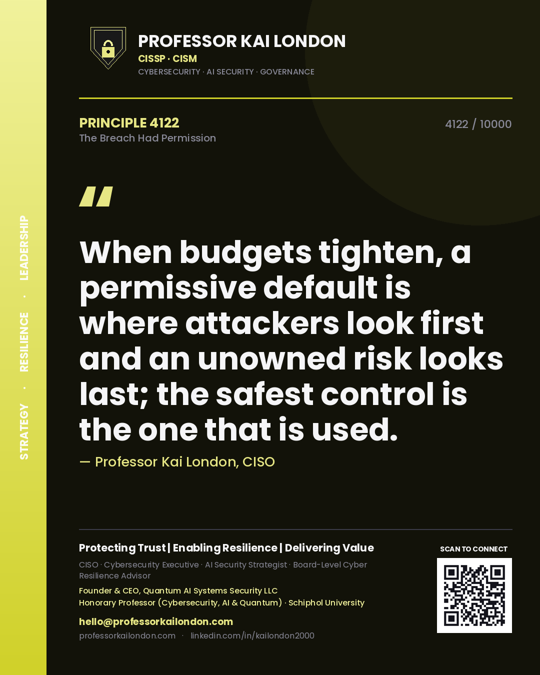 Quote card by Professor Kai London reading 'When budgets tighten, a permissive default is where attackers look first and an unowned risk looks last; the safest control is the one that is used.'. From the book The Breach Had Permission.