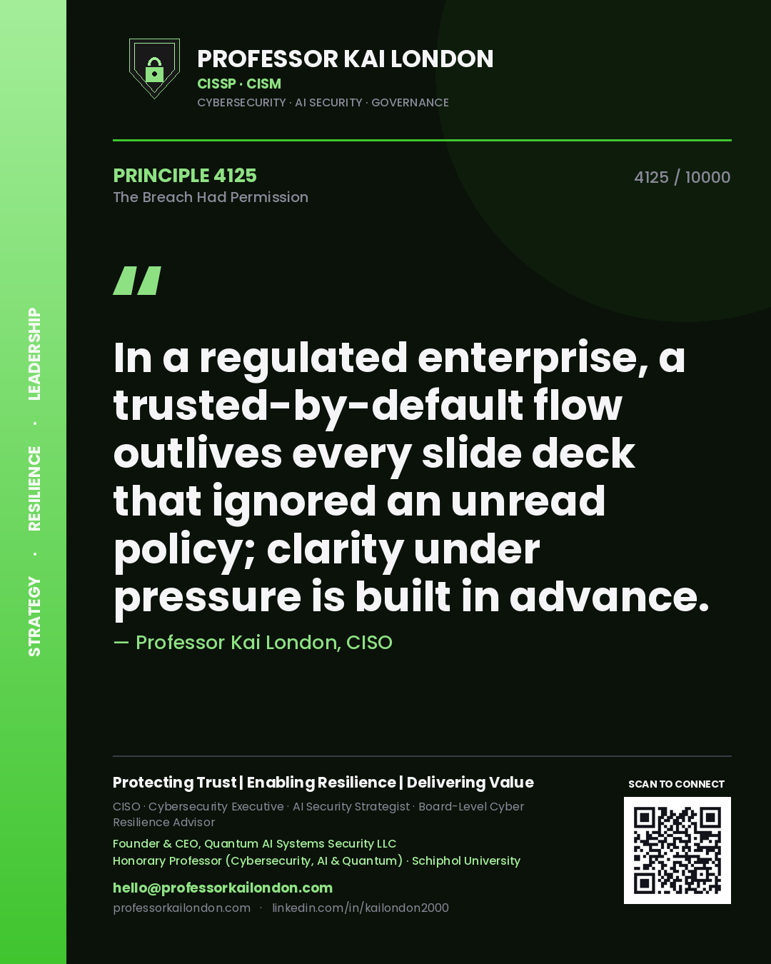 Quote card by Professor Kai London reading 'In a regulated enterprise, a trusted-by-default flow outlives every slide deck that ignored an unread policy; clarity under pressure is built in advance.'. From the book The Breach Had Permission.