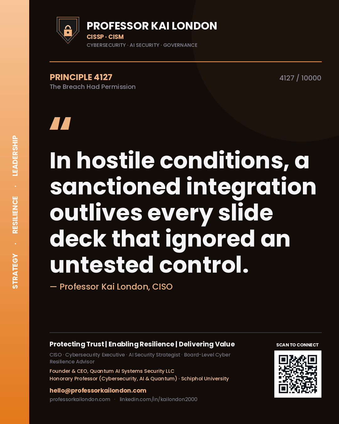 Quote card by Professor Kai London reading 'In hostile conditions, a sanctioned integration outlives every slide deck that ignored an untested control.'. From the book The Breach Had Permission.