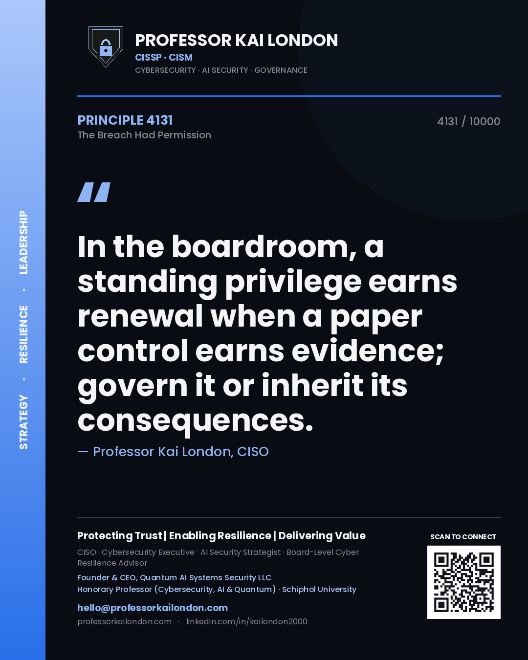 Quote card by Professor Kai London reading 'In the boardroom, a standing privilege earns renewal when a paper control earns evidence; govern it or inherit its consequences.'. From the book The Breach Had Permission.