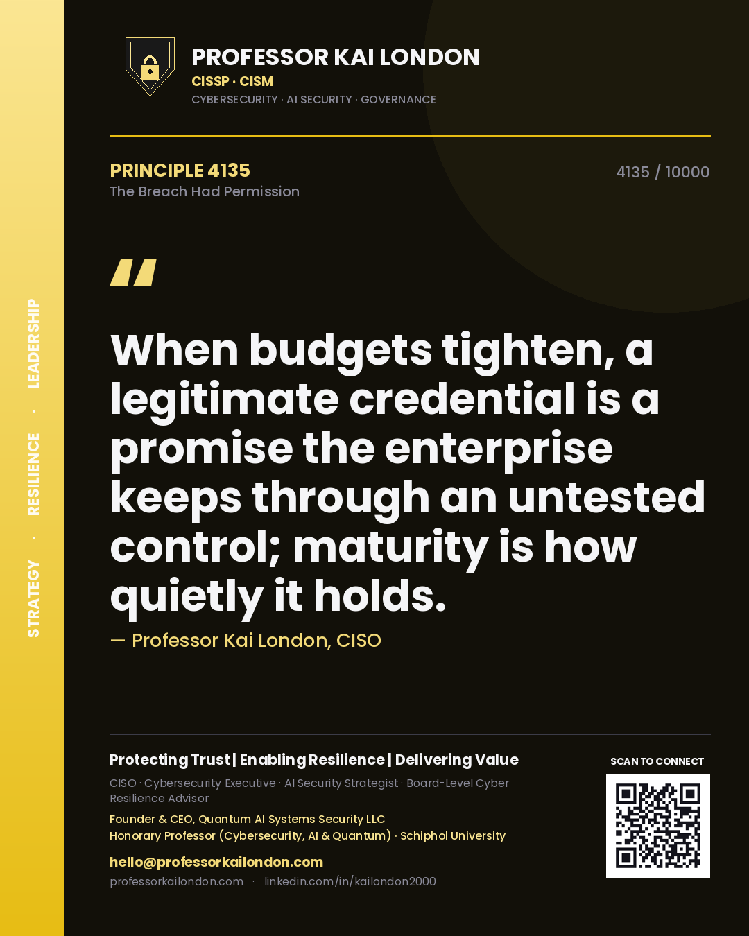 Quote card by Professor Kai London reading 'When budgets tighten, a legitimate credential is a promise the enterprise keeps through an untested control; maturity is how quietly it holds.'. From the book The Breach Had Permission.