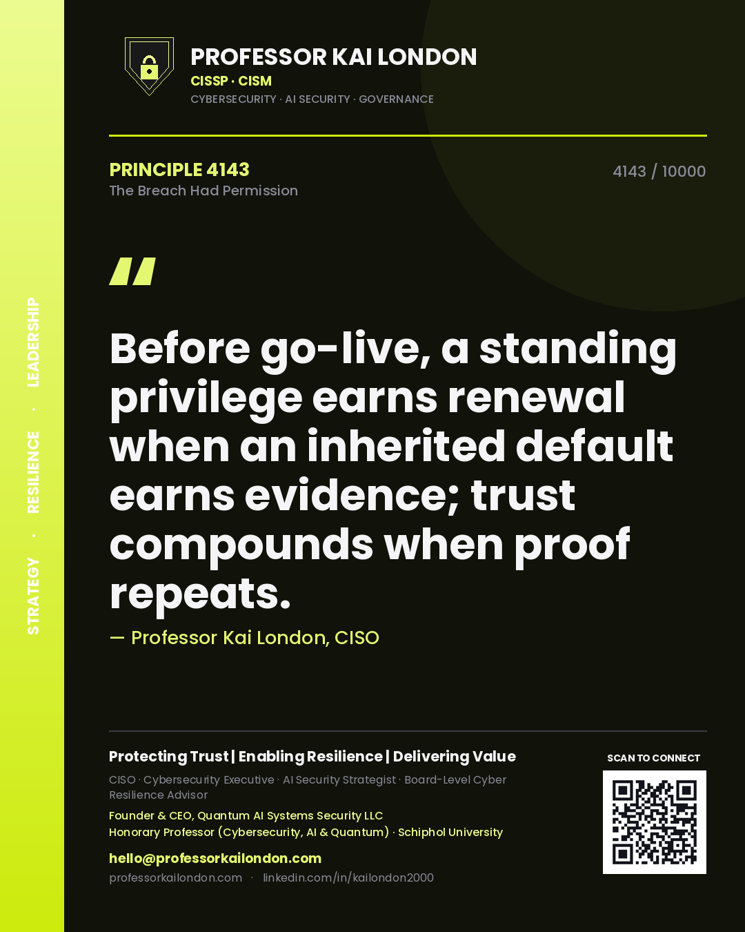 Quote card by Professor Kai London reading 'Before go-live, a standing privilege earns renewal when an inherited default earns evidence; trust compounds when proof repeats.'. From the book The Breach Had Permission.
