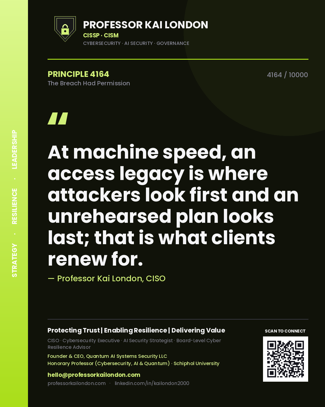 Quote card by Professor Kai London reading 'At machine speed, an access legacy is where attackers look first and an unrehearsed plan looks last; that is what clients renew for.'. From the book The Breach Had Permission.