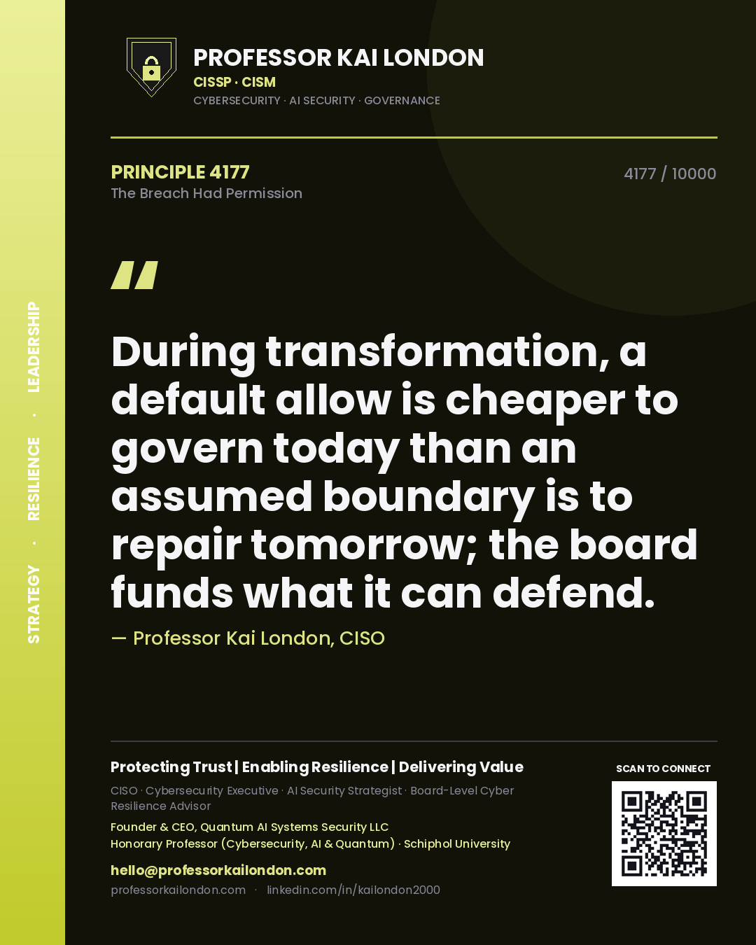 Quote card by Professor Kai London reading 'During transformation, a default allow is cheaper to govern today than an assumed boundary is to repair tomorrow; the board funds what it can defend.'. From the book The Breach Had Permission.
