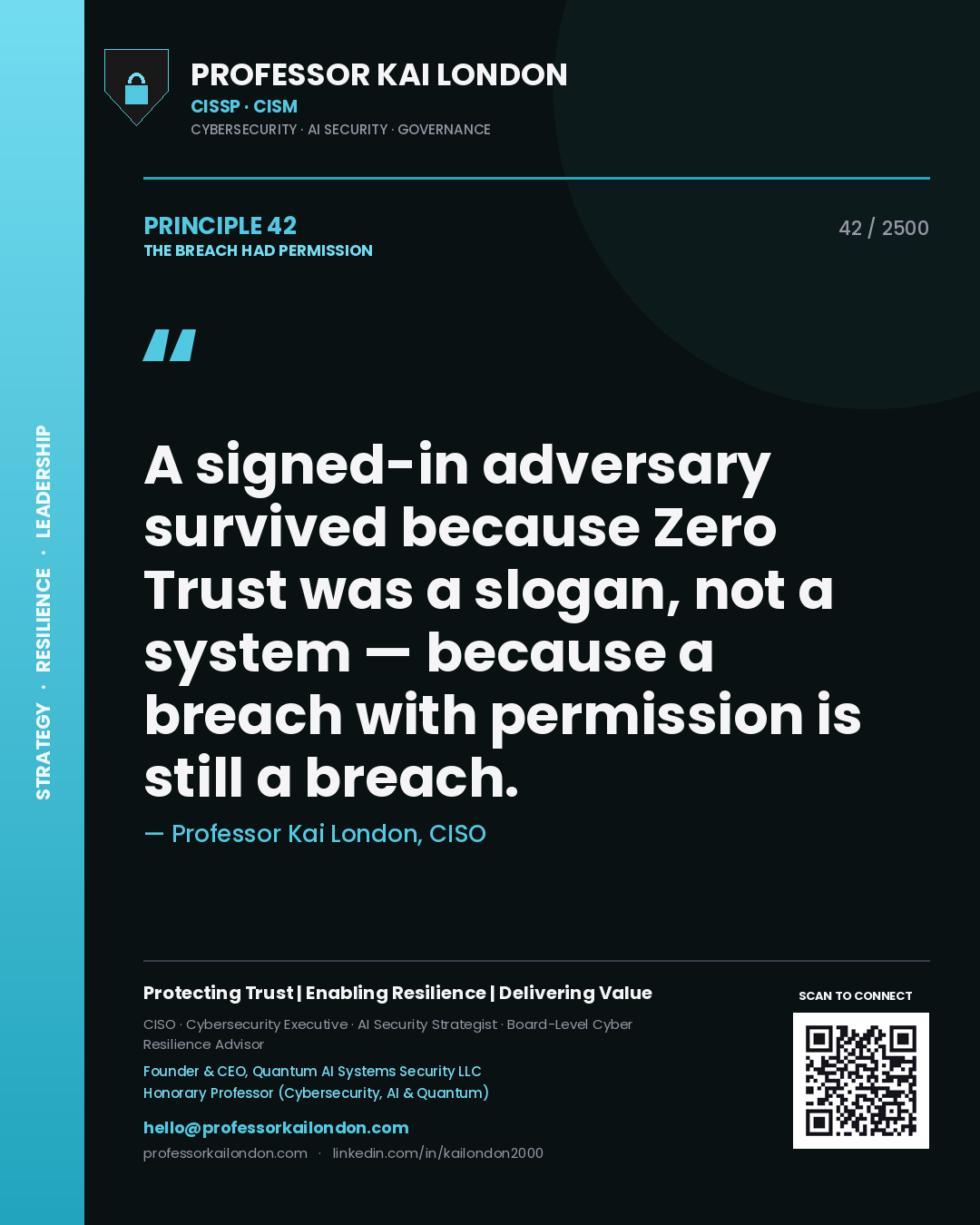 Professor Kai London principle 42: A signed-in adversary survived because Zero Trust was a slogan, not a system — because a breach with permission is still a breach.