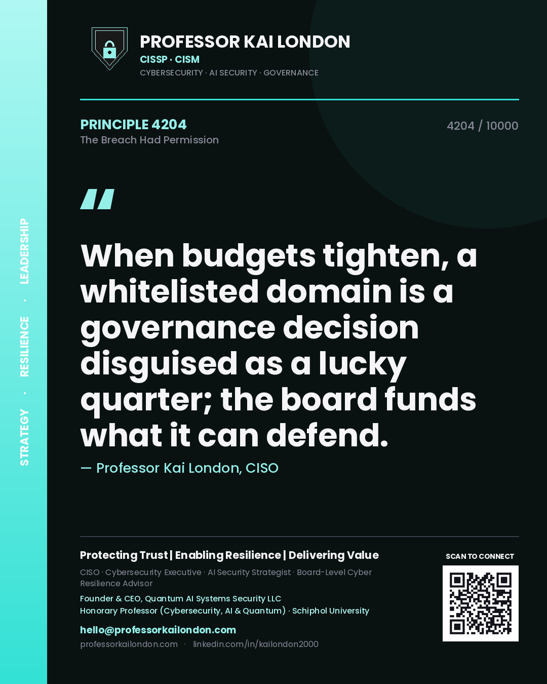 Quote card by Professor Kai London reading 'When budgets tighten, a whitelisted domain is a governance decision disguised as a lucky quarter; the board funds what it can defend.'. From the book The Breach Had Permission.
