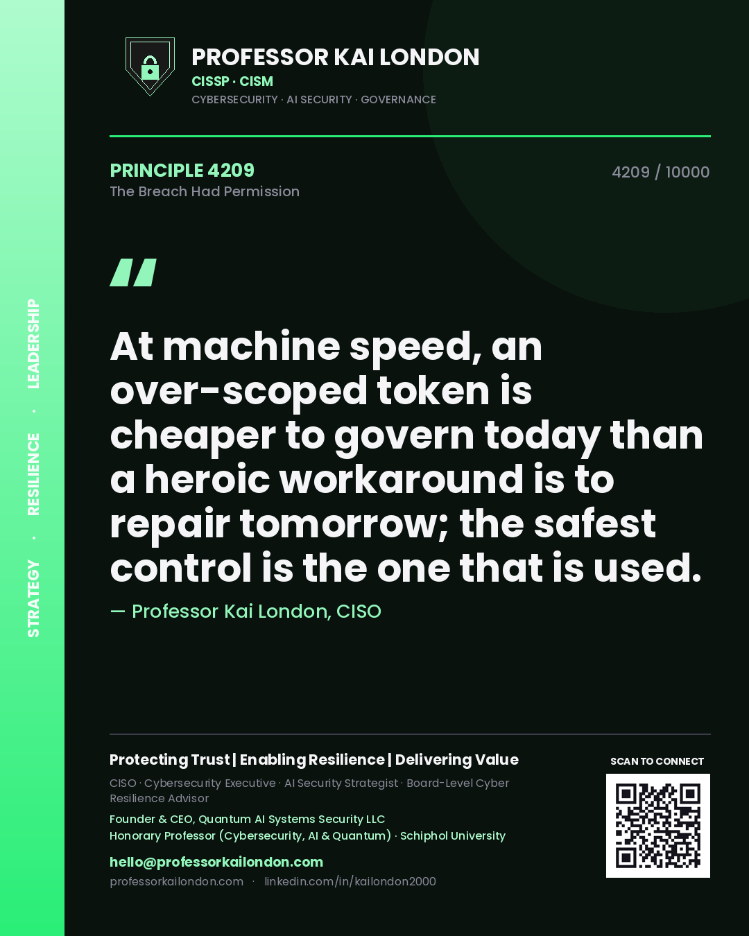 Quote card by Professor Kai London reading 'At machine speed, an over-scoped token is cheaper to govern today than a heroic workaround is to repair tomorrow; the safest control is the one that is used.'. From the book The Breach Had Permission.