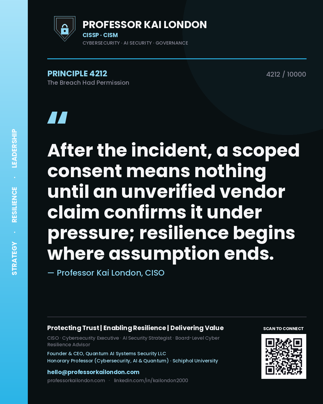 Quote card by Professor Kai London reading 'After the incident, a scoped consent means nothing until an unverified vendor claim confirms it under pressure; resilience begins where assumption ends.'. From the book The Breach Had Permission.