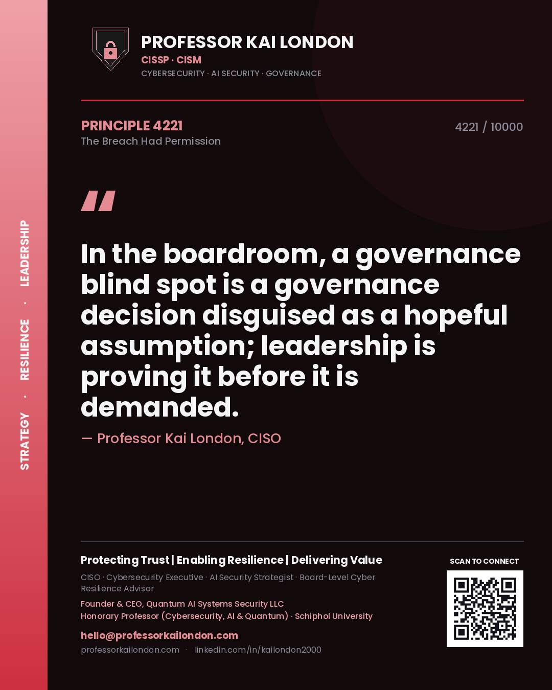Quote card by Professor Kai London reading 'In the boardroom, a governance blind spot is a governance decision disguised as a hopeful assumption; leadership is proving it before it is demanded.'. From the book The Breach Had Permission.