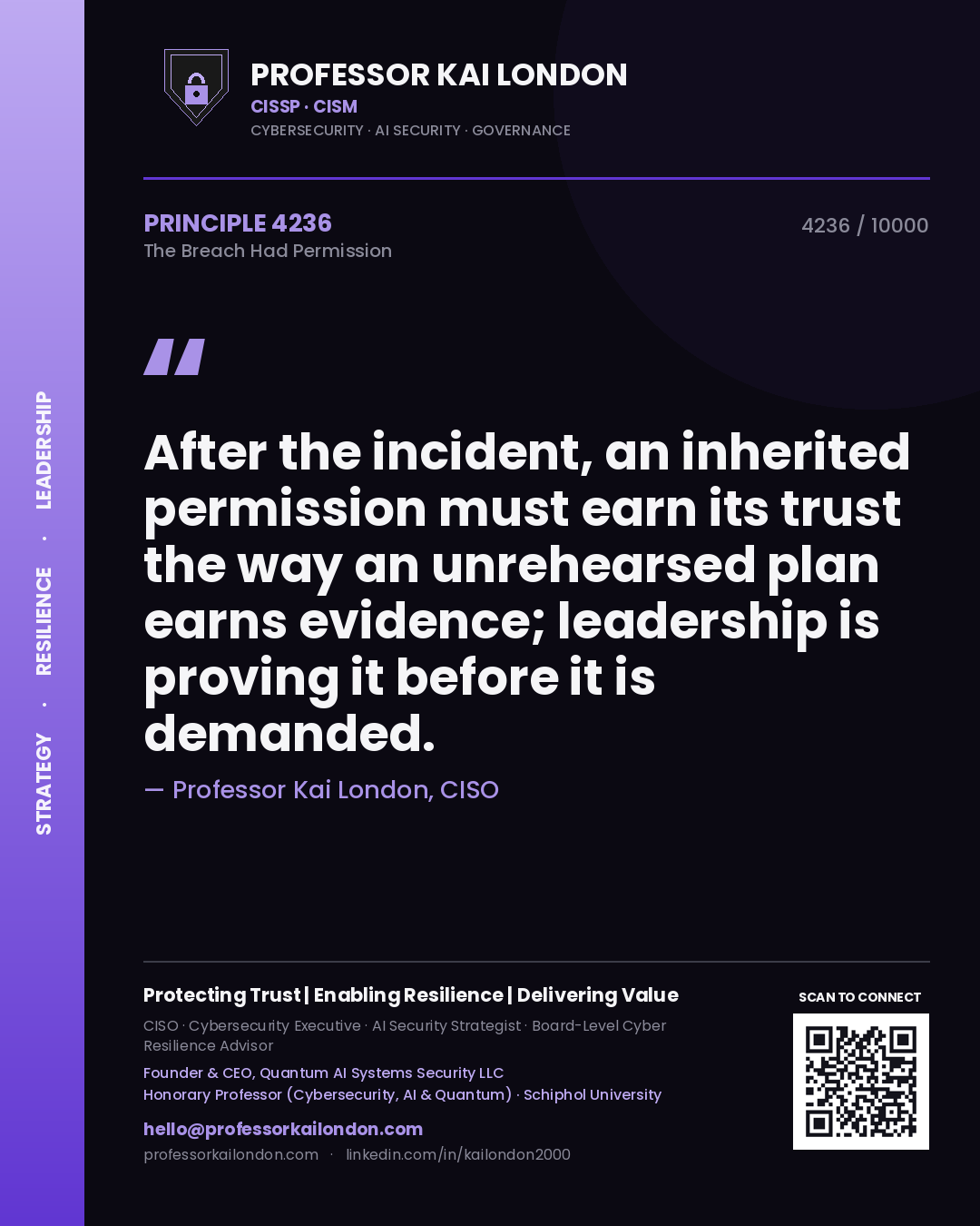 Quote card by Professor Kai London reading 'After the incident, an inherited permission must earn its trust the way an unrehearsed plan earns evidence; leadership is proving it before it is demanded.'. From the book The Breach Had Permission.