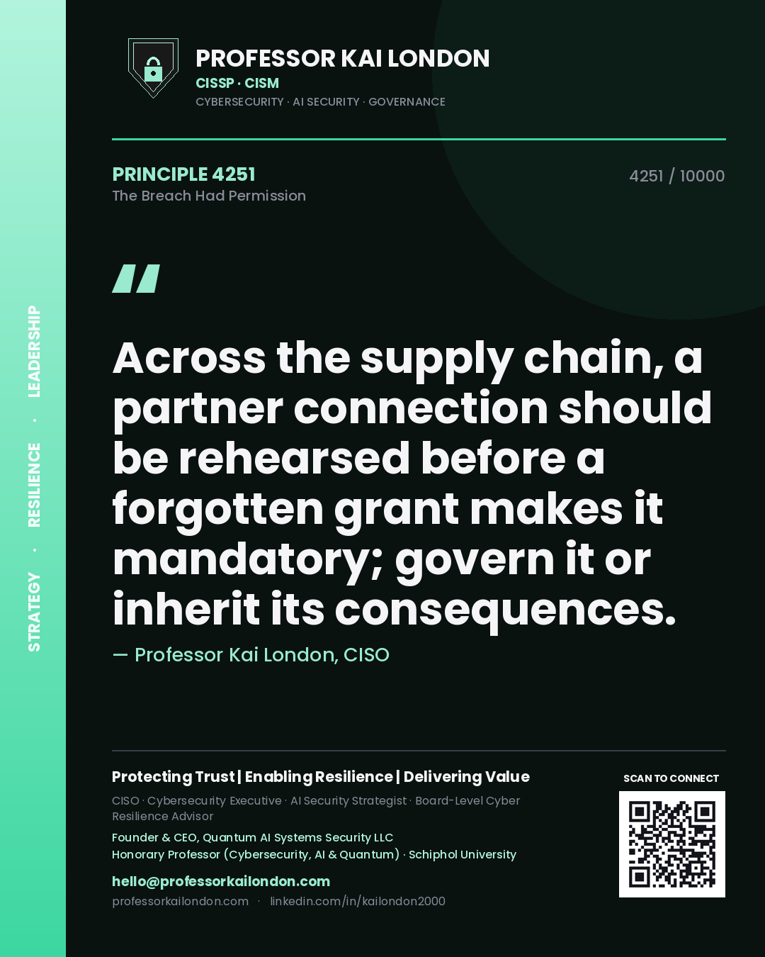 Quote card by Professor Kai London reading 'Across the supply chain, a partner connection should be rehearsed before a forgotten grant makes it mandatory; govern it or inherit its consequences.'. From the book The Breach Had Permission.