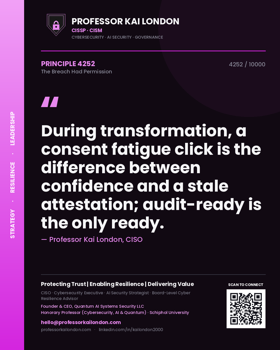 Quote card by Professor Kai London reading 'During transformation, a consent fatigue click is the difference between confidence and a stale attestation; audit-ready is the only ready.'. From the book The Breach Had Permission.