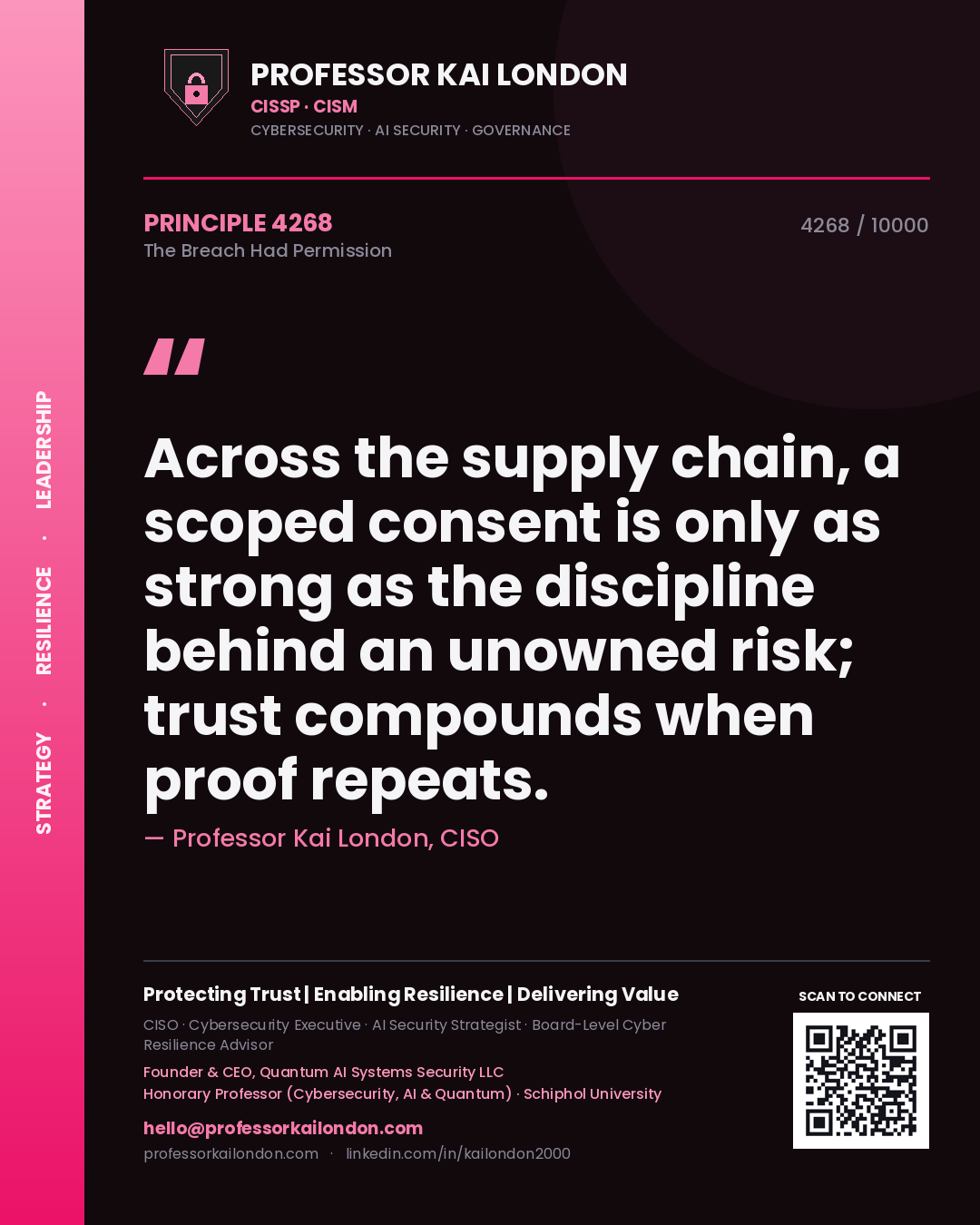 Quote card by Professor Kai London reading 'Across the supply chain, a scoped consent is only as strong as the discipline behind an unowned risk; trust compounds when proof repeats.'. From the book The Breach Had Permission.