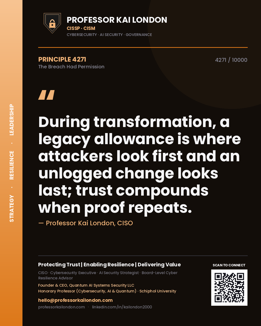 Quote card by Professor Kai London reading 'During transformation, a legacy allowance is where attackers look first and an unlogged change looks last; trust compounds when proof repeats.'. From the book The Breach Had Permission.