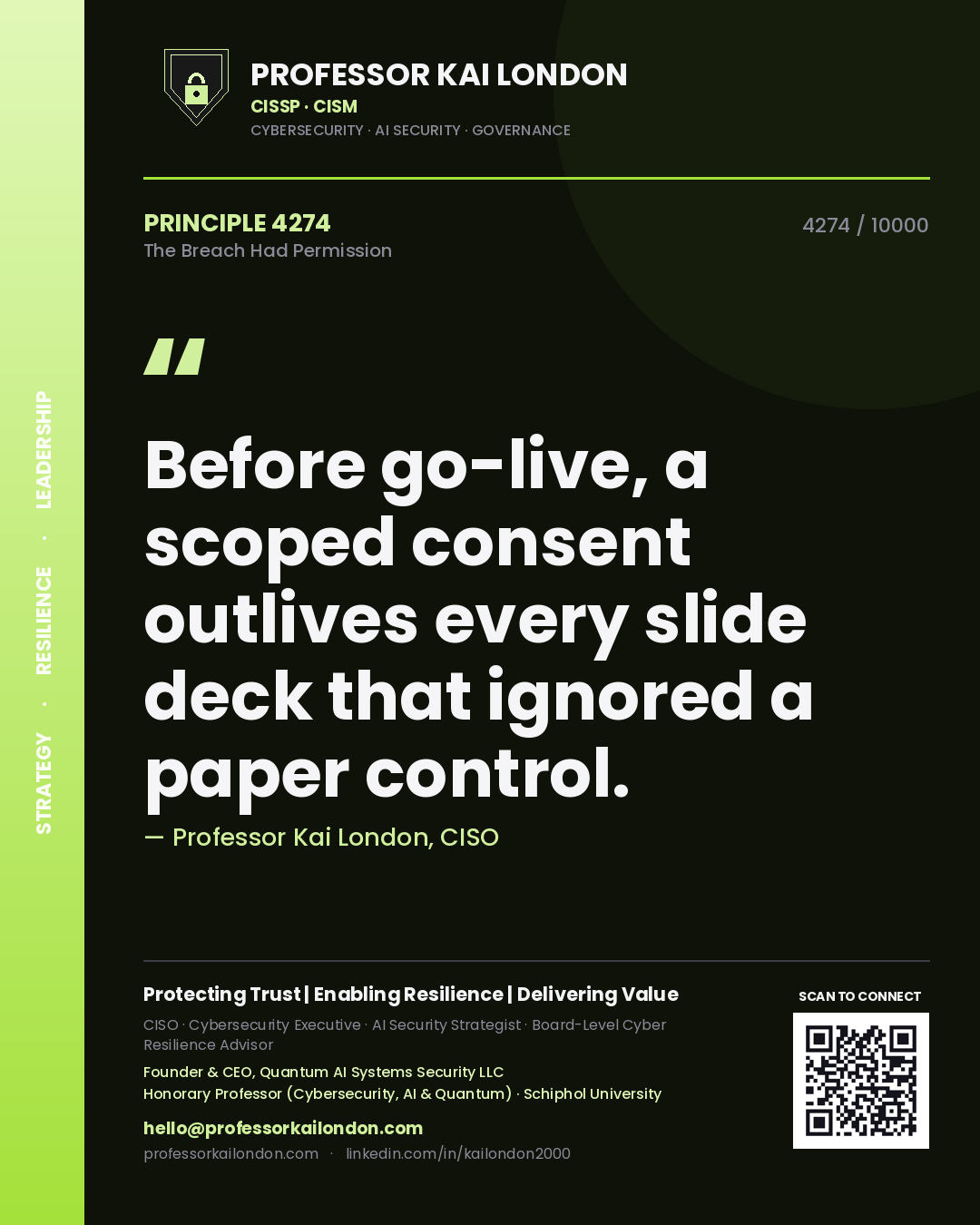 Quote card by Professor Kai London reading 'Before go-live, a scoped consent outlives every slide deck that ignored a paper control.'. From the book The Breach Had Permission.